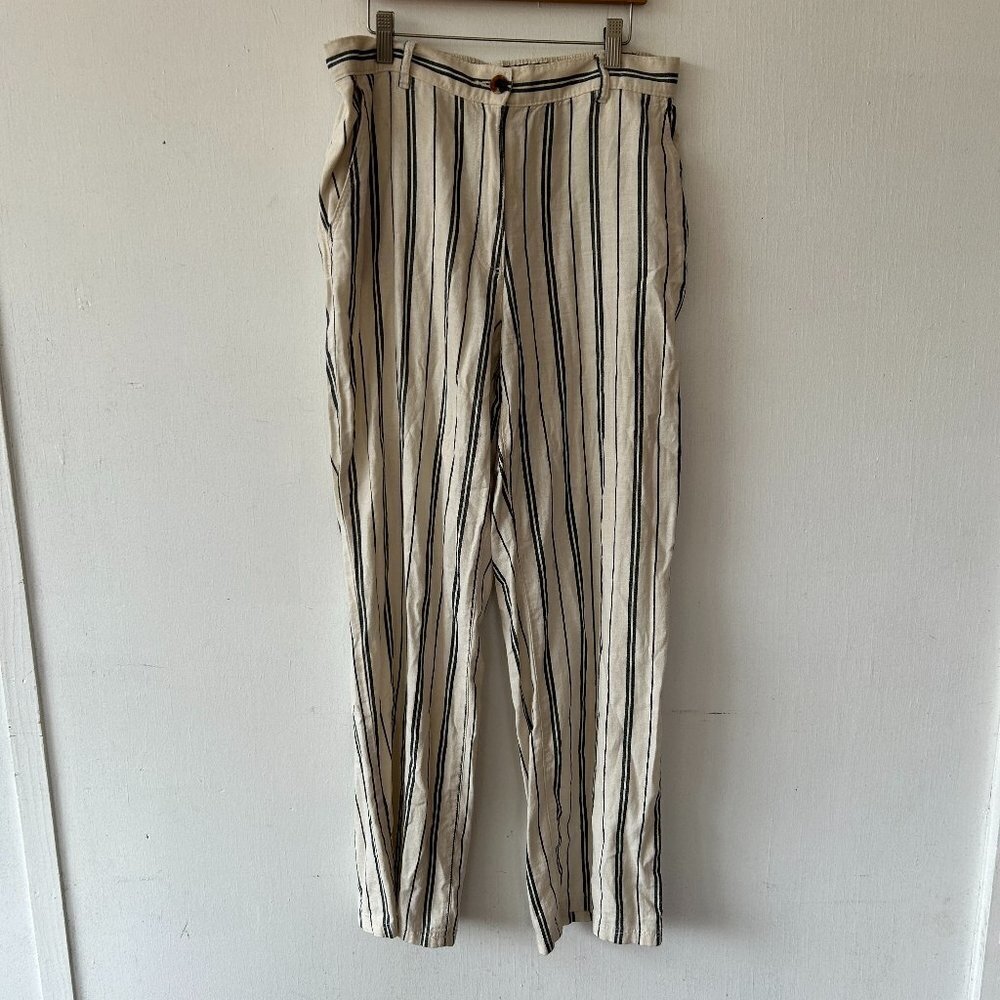 H&M Linen Blend Trousers Womens Size 10 Blue Striped Minimalist Wide Leg Pants